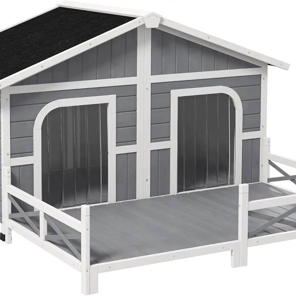 Dog House Outdoor, Wooden Dog Kennel Weatherproof with Porch, Double Room, Openable Roof, Removable Bottom, Elevated Floor